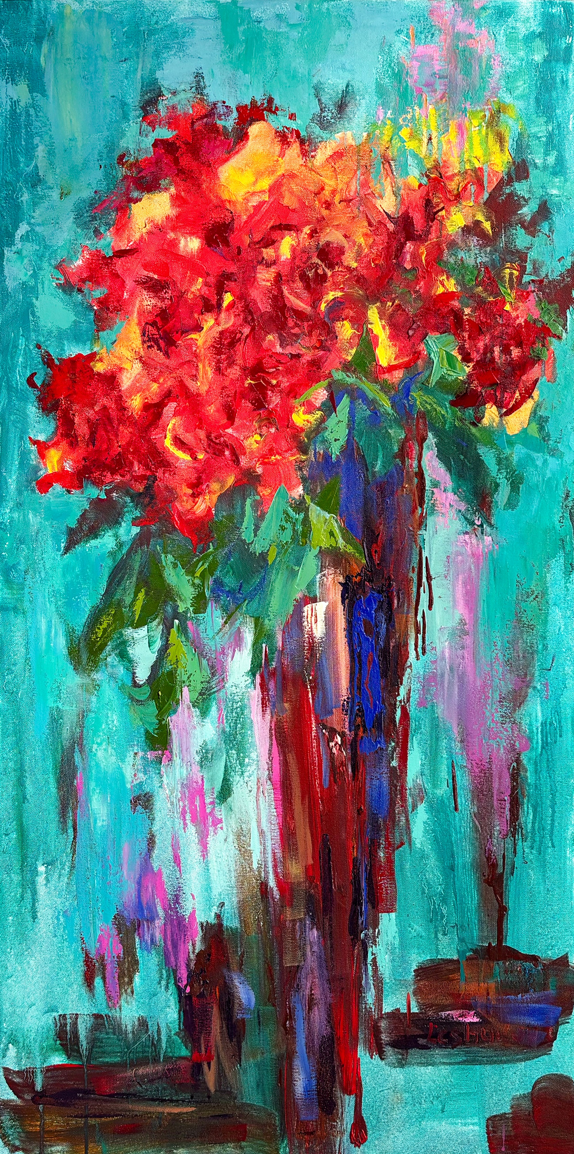 Rosas rojas con fondo esmeralda, oil on canvas, by Vitaly Leshukov