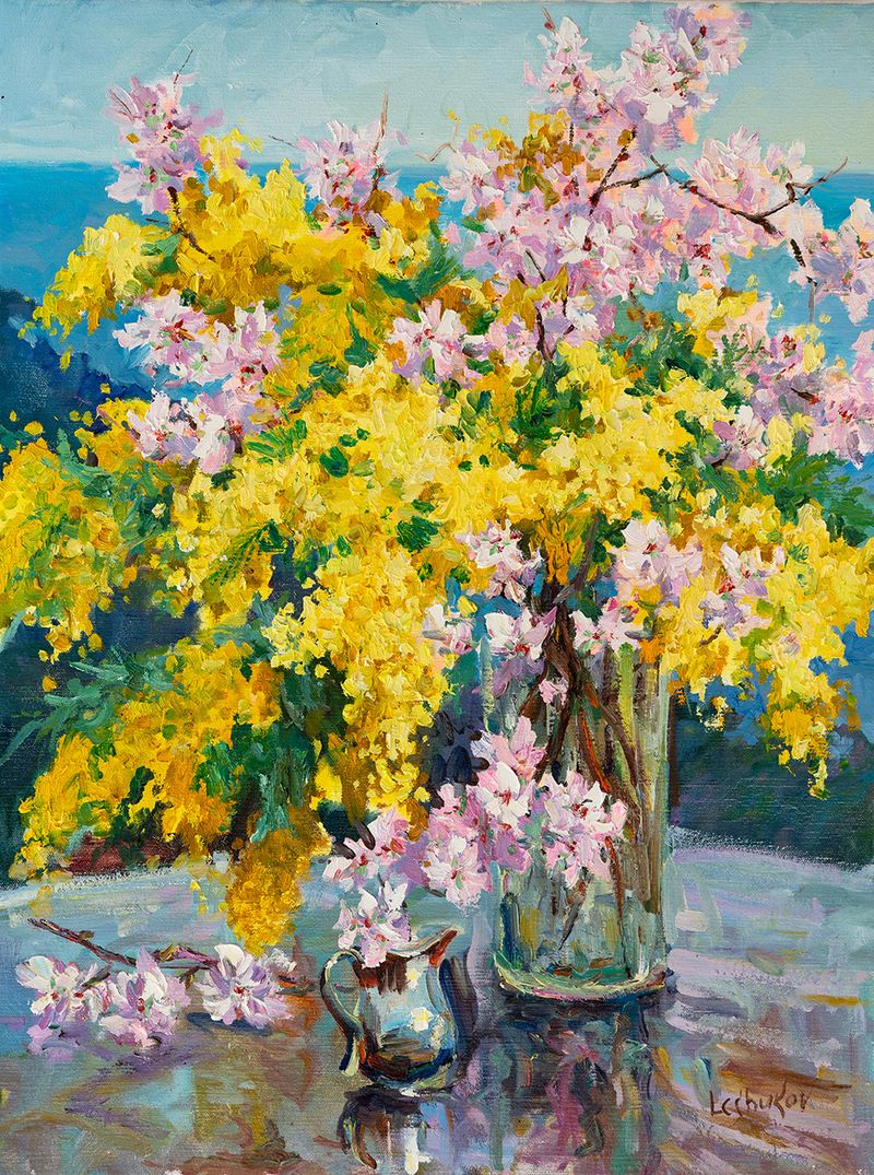 Mimosa And Blossoming Almond On Sea Background
