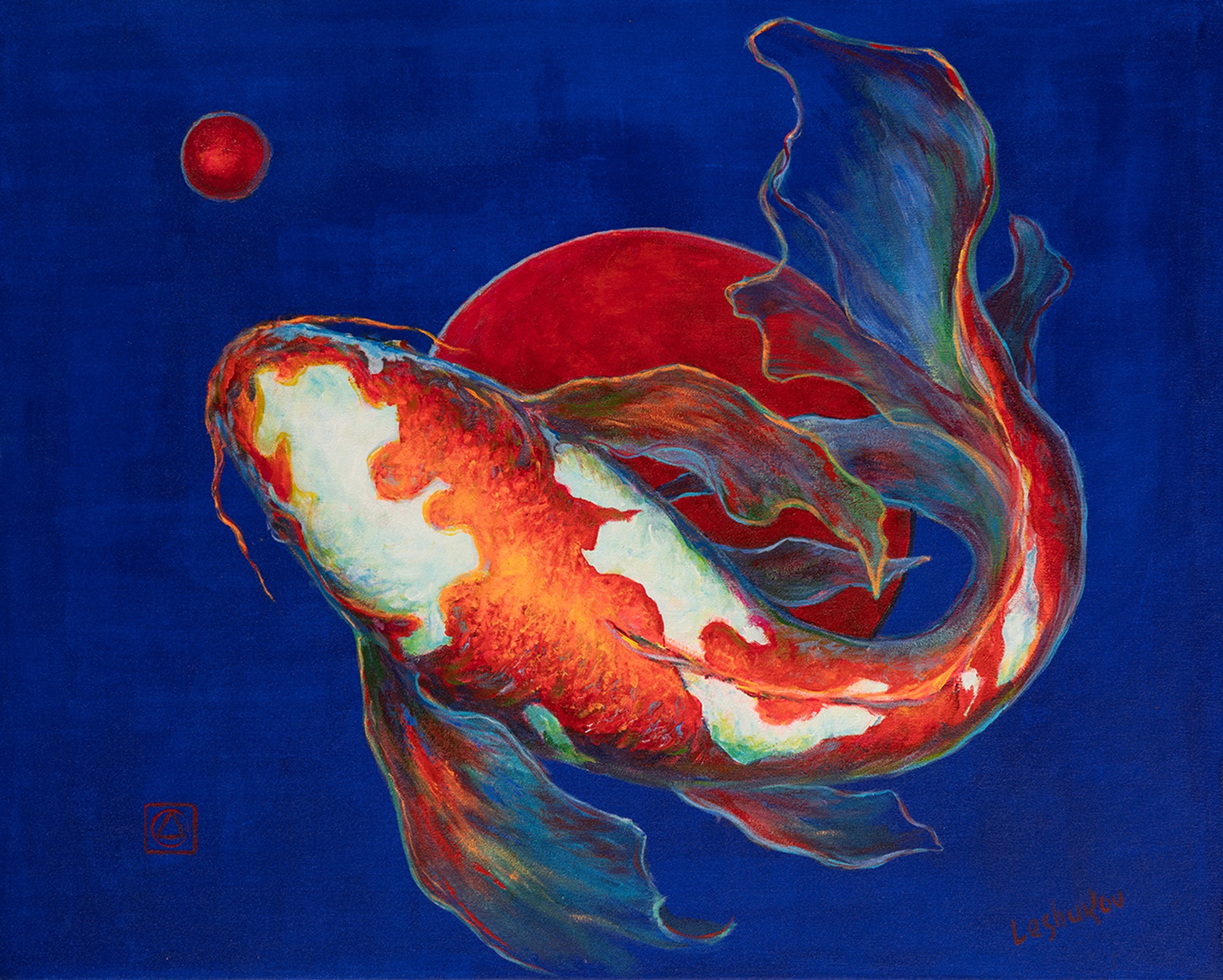Koi (Kohaku) On A Blue Background, oil on canvas, by Vitaly Leshukov
