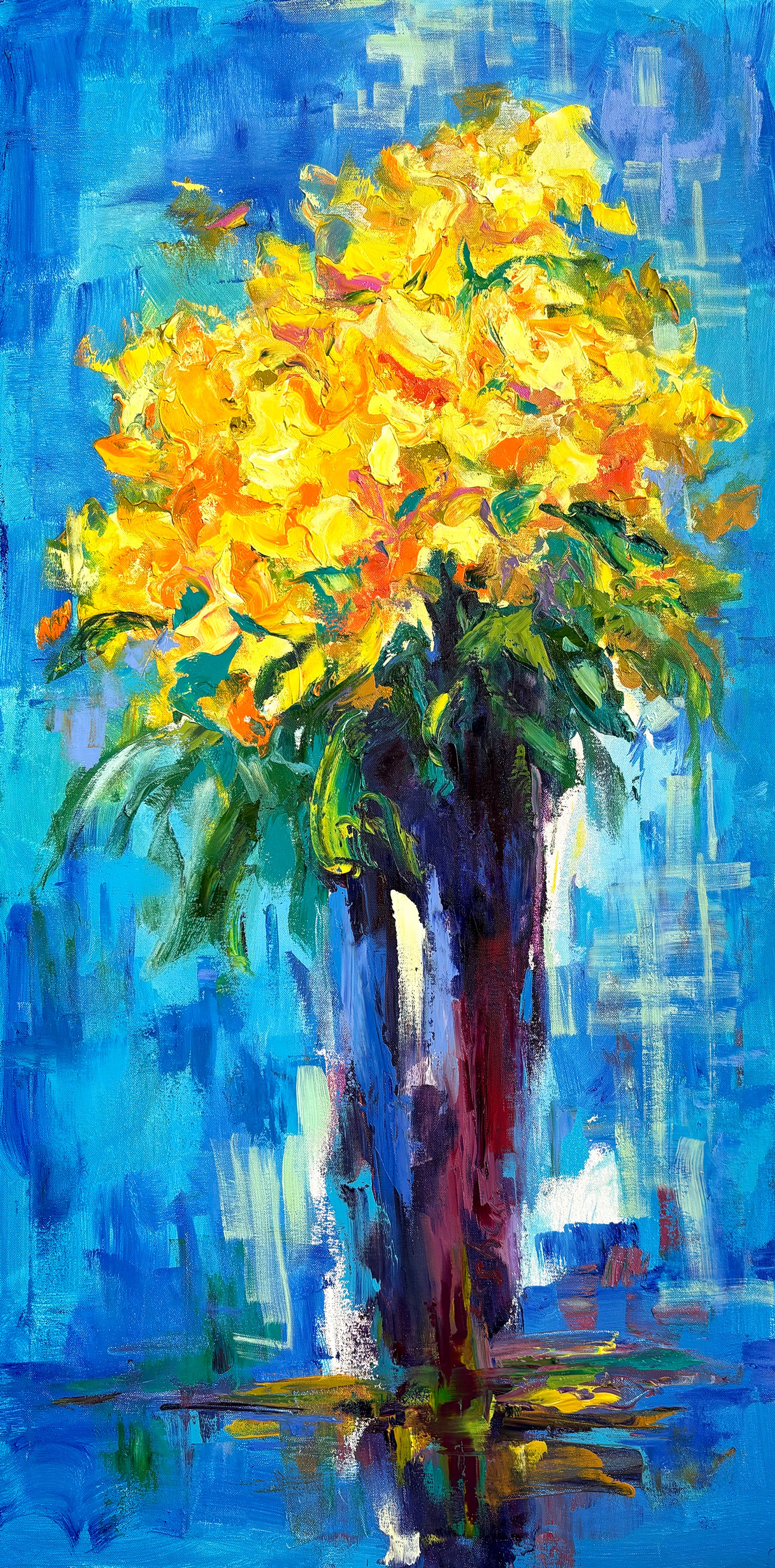 Rosas amarillas con fondo azul, oil on canvas, by Vitaly Leshukov