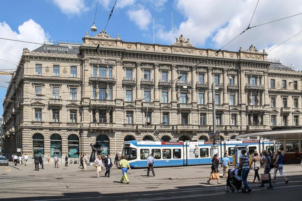 Paradeplatz in Zurich with bank buildings and a tram