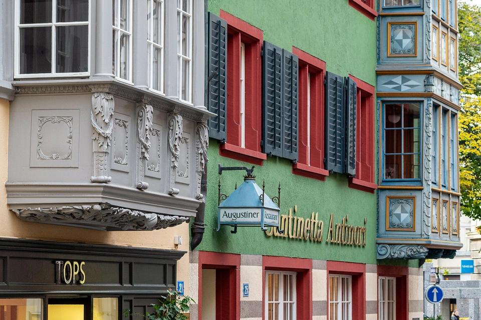 Painted bay windows on Augustinergasse in Zurich’s Old Town