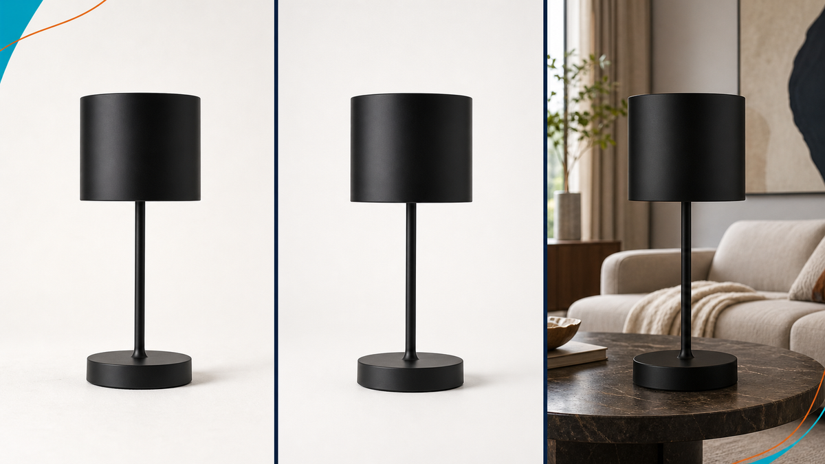 Product photo comparison: original, technical correction, and AI-generated interior