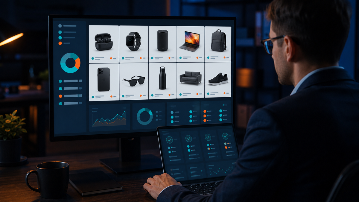 E-commerce specialist reviewing product image provenance and AI status