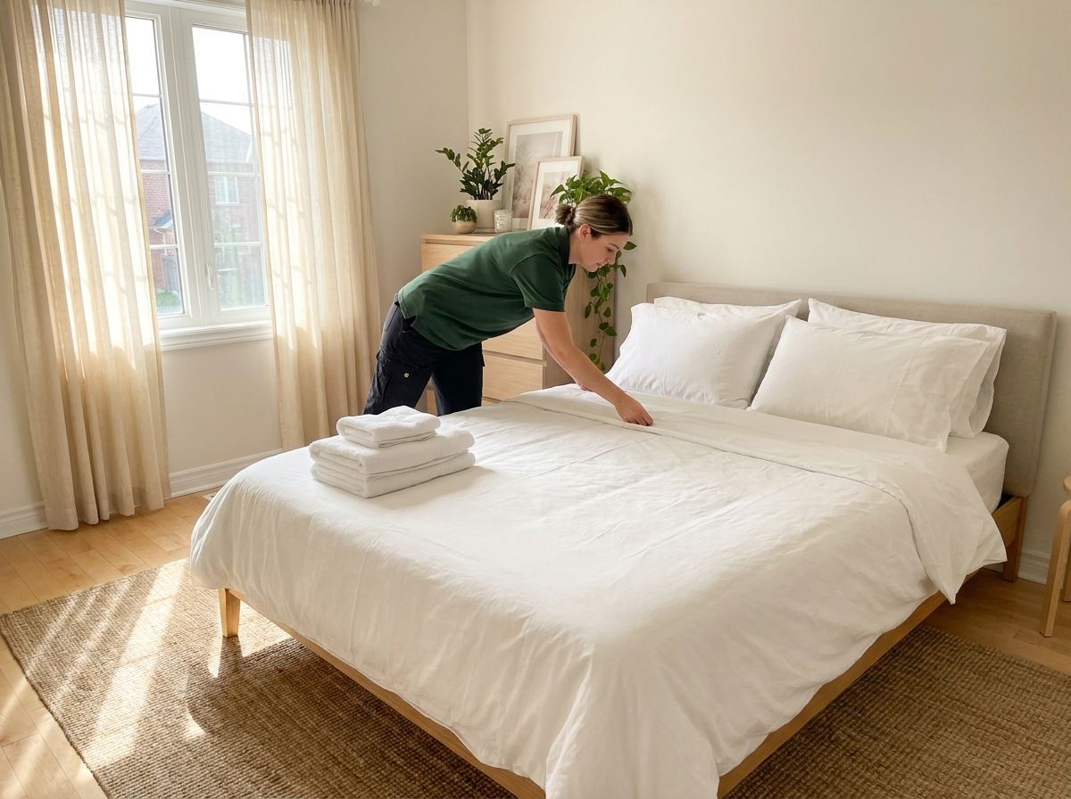 A Fernway cleaner making a bed with fresh white linens in a short-term rental