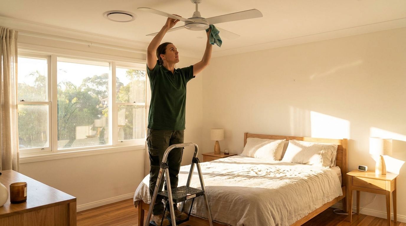 A cleaner wiping ceiling fan blades from a step stool