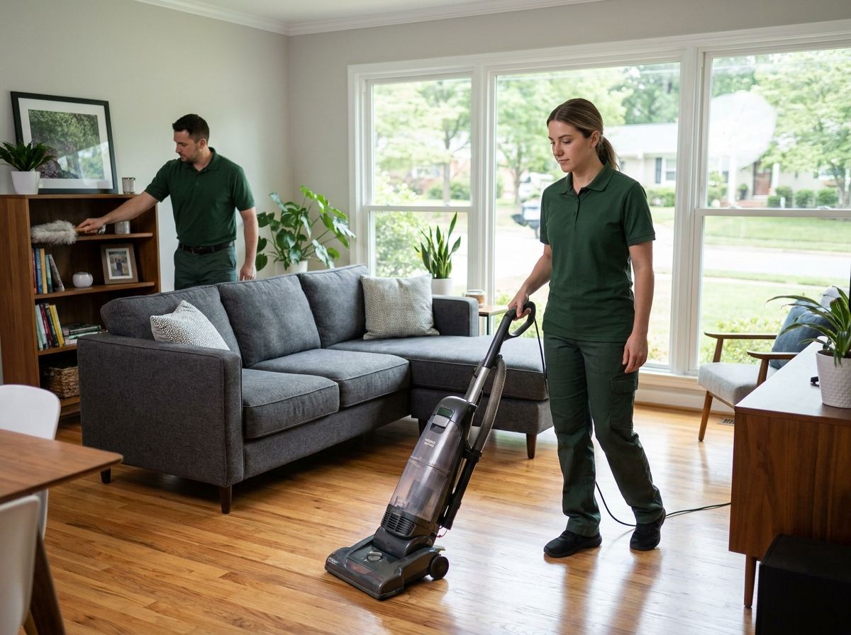 A Fernway crew vacuuming and dusting a bright living room