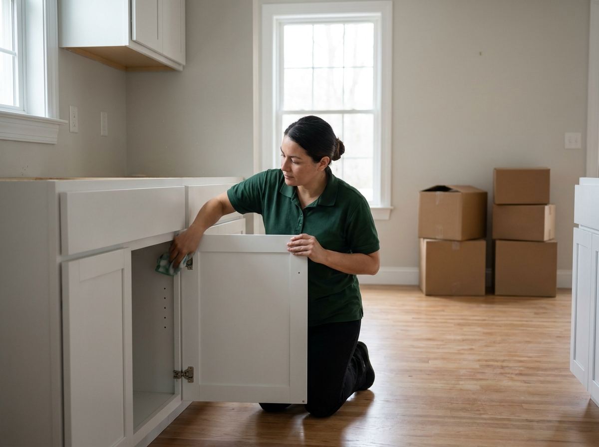 A Fernway cleaner wiping inside an empty kitchen cabinet in a vacant home