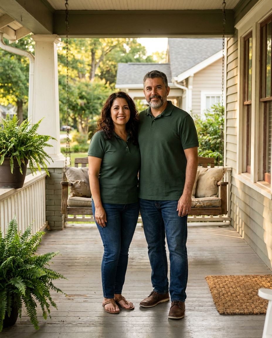 Maria and Daniel Alvarez, the owners, on the porch of a Raleigh bungalow
