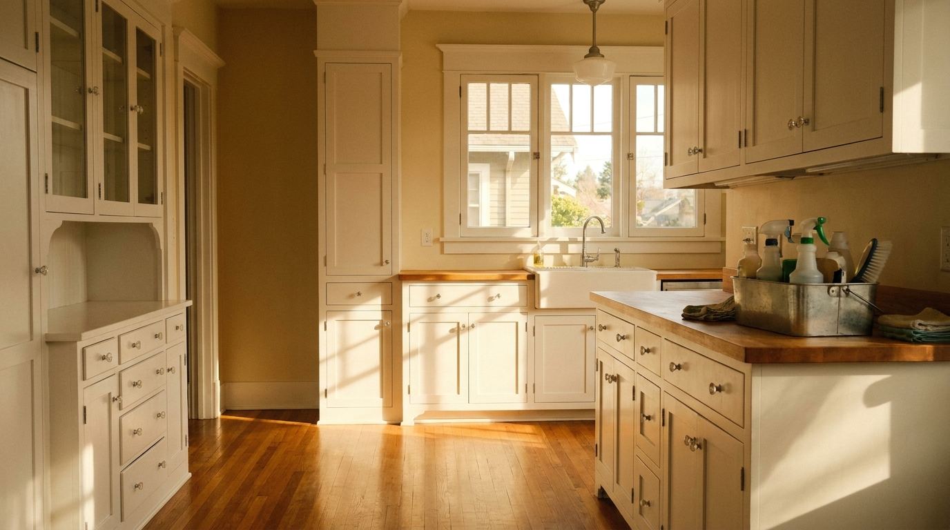 The freshly cleaned empty kitchen of a 1930s bungalow