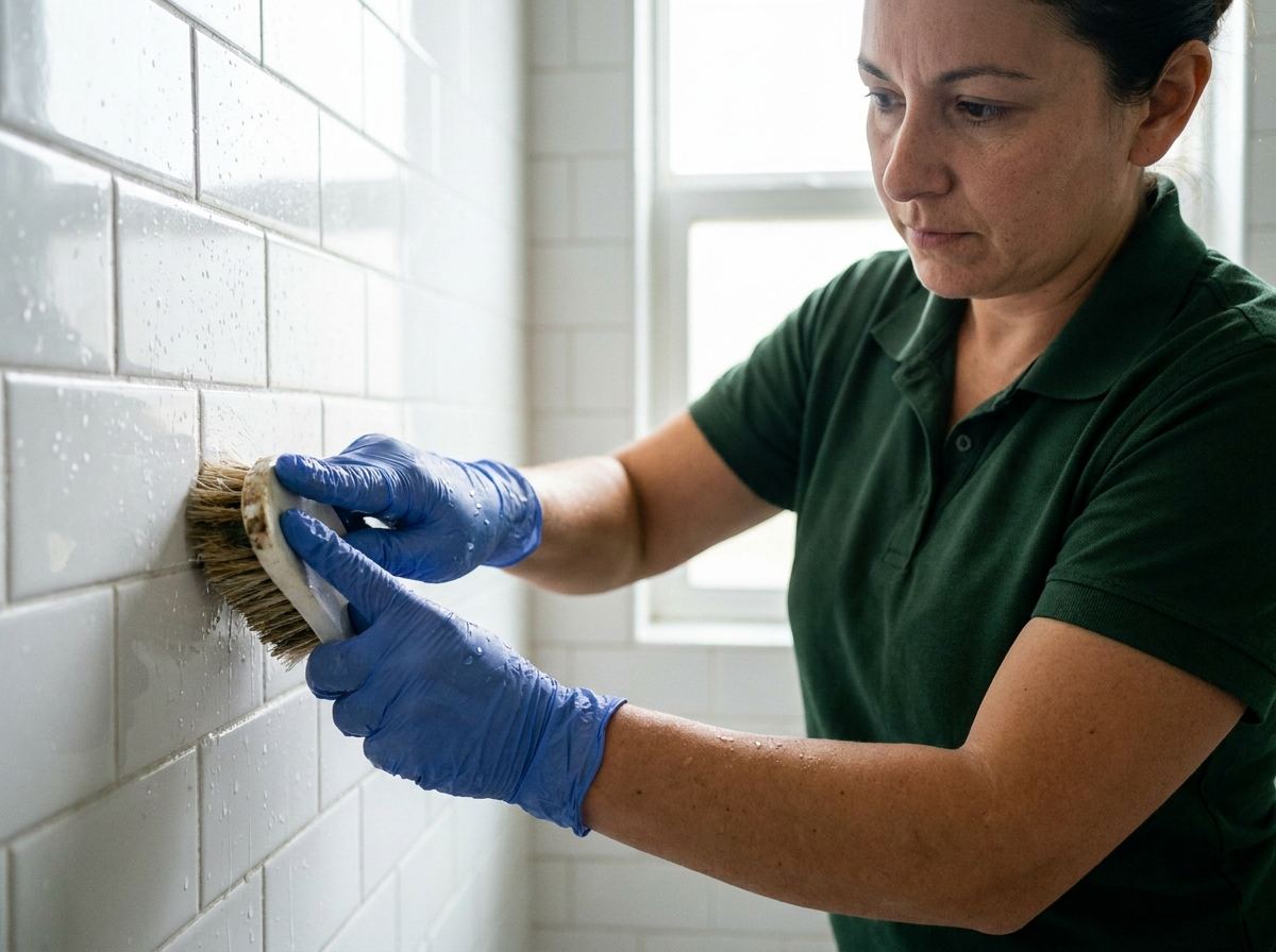 A Fernway cleaner scrubbing white tile grout in a shower