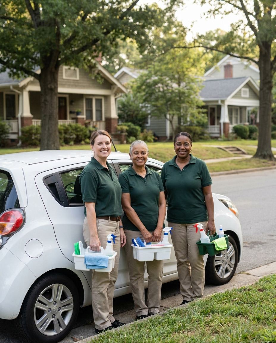 Three Fernway cleaners in uniform with their caddies beside the company car on a Raleigh street
