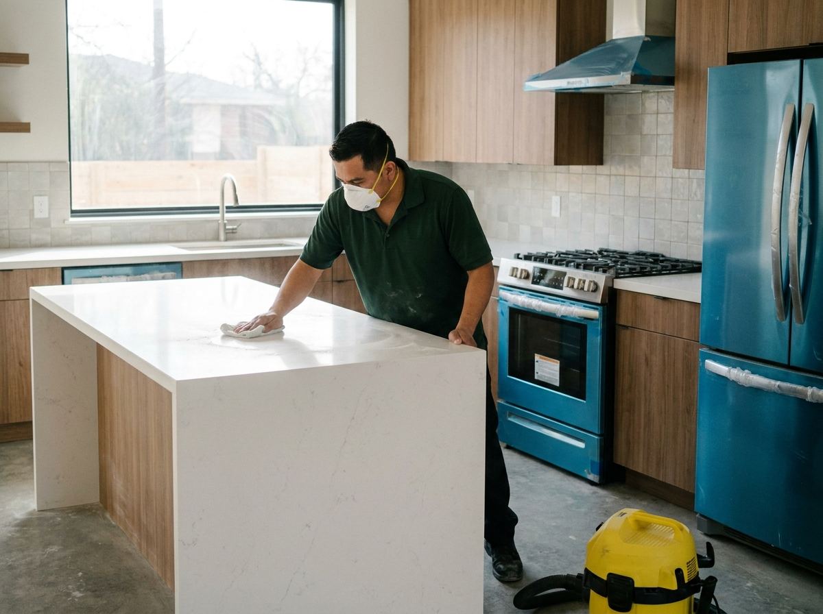 A Fernway cleaner wiping construction dust from a new kitchen island