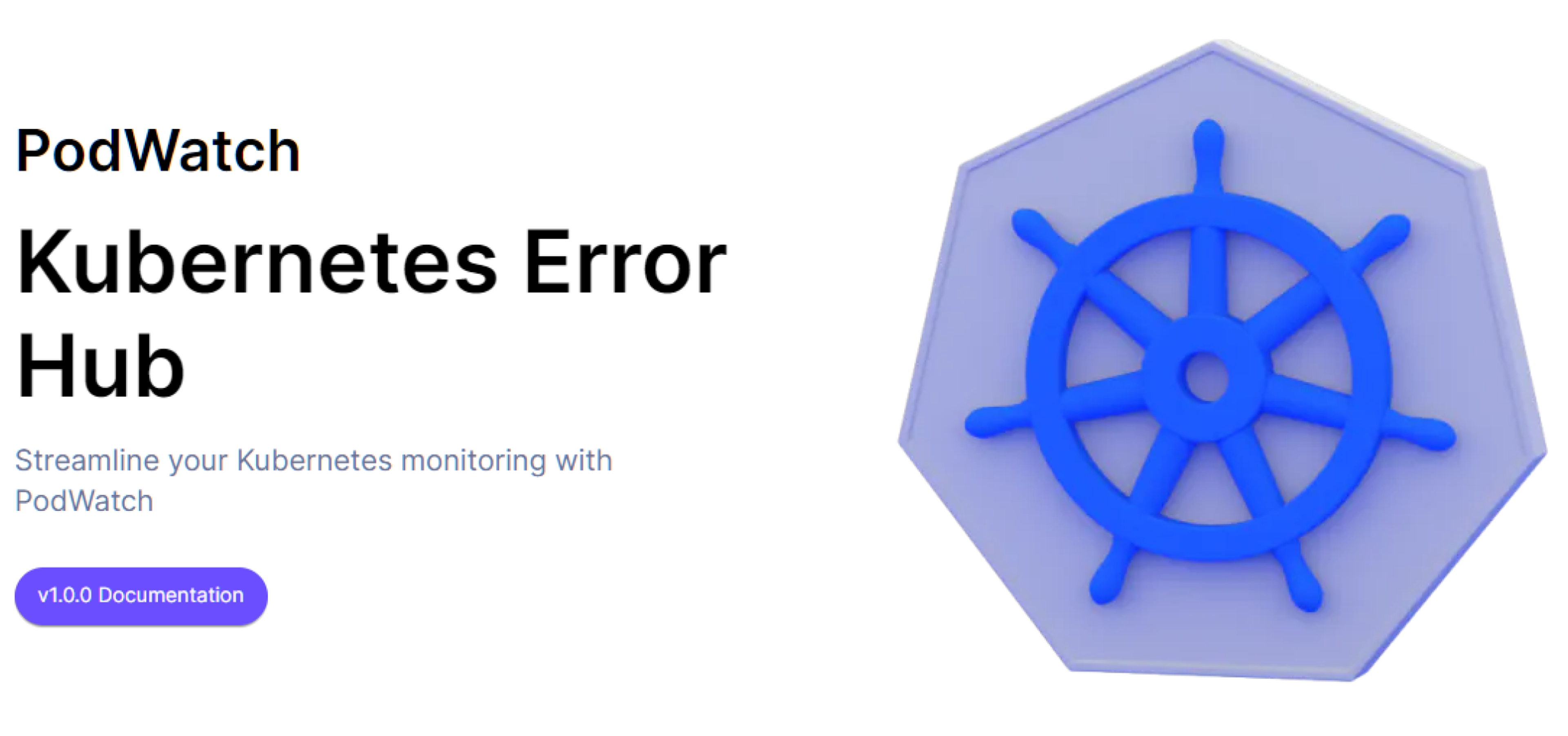 Podwatch - Kubernetes Error Hub. A picture of a blue ships wheel on top of a light purple heptagon