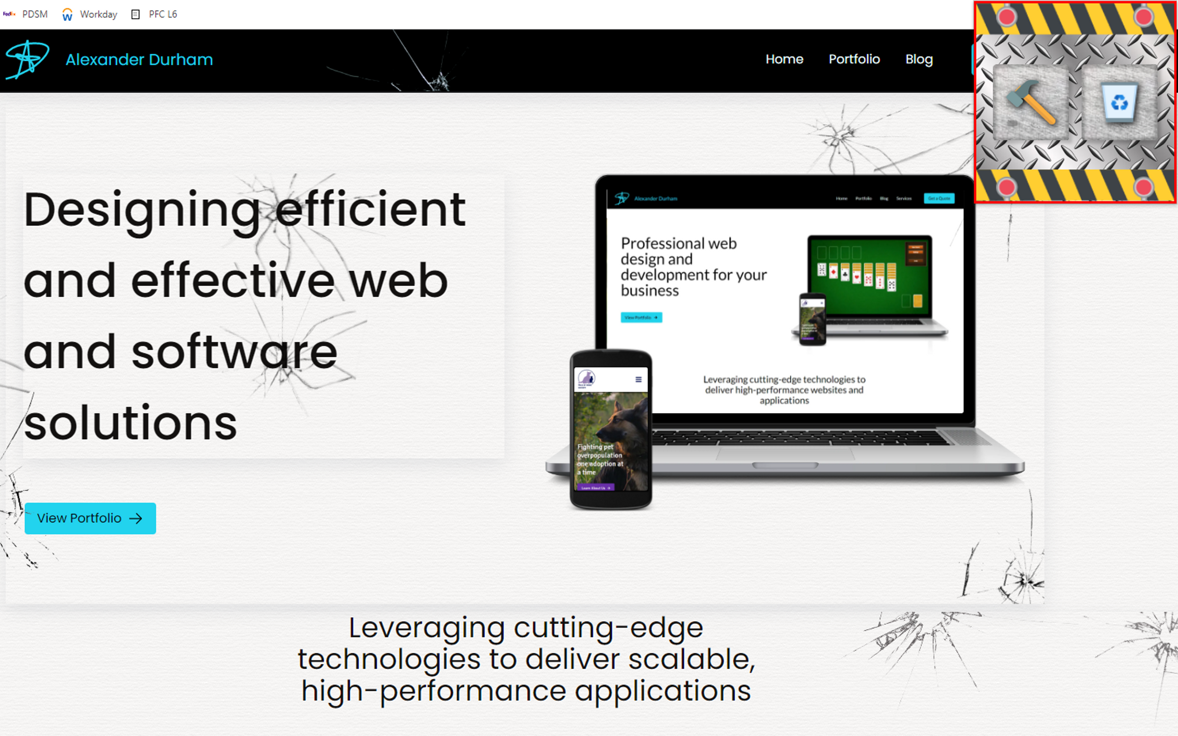 A webpage smashed like broken glass with the Hammer Time extension window visible in the top left corner