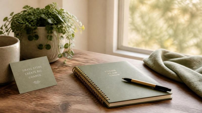 A notebook and pen on a wooden table, representing support and self-care for perimenopause