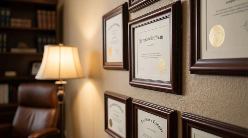Close-up of framed accreditation certificates on a wall, professional office setting