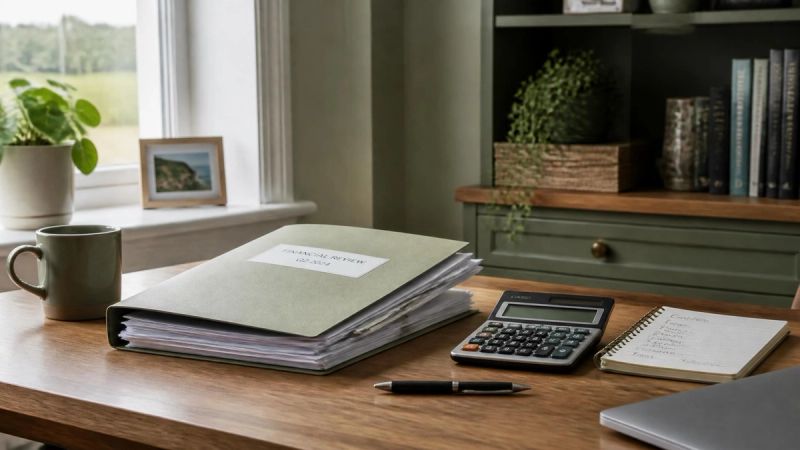 A folder of papers and a calculator on a desk in a home office