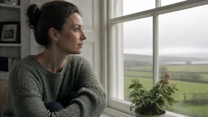 A person sitting at a window with an overcast view, looking tense and reflective