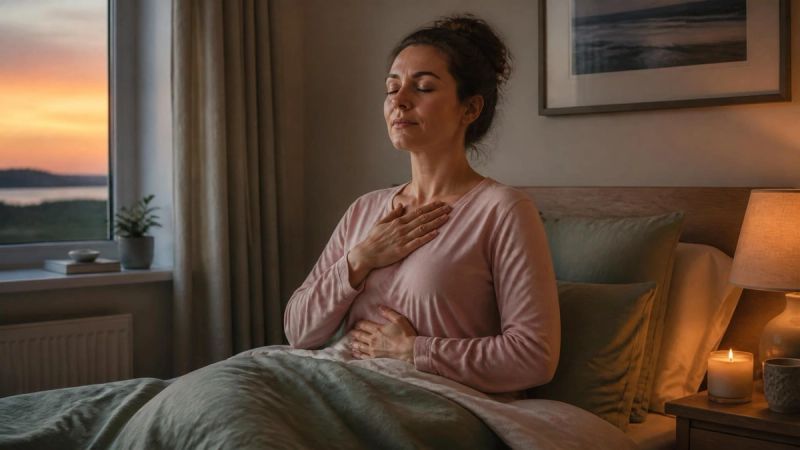 A person practising slow breathing in bed