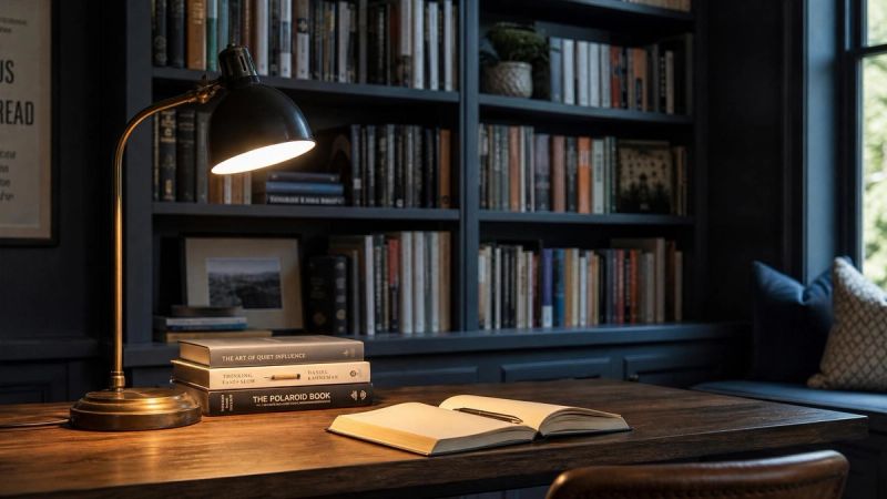 A quiet library corner with books and warm lamplight, representing frequently asked questions about online therapy