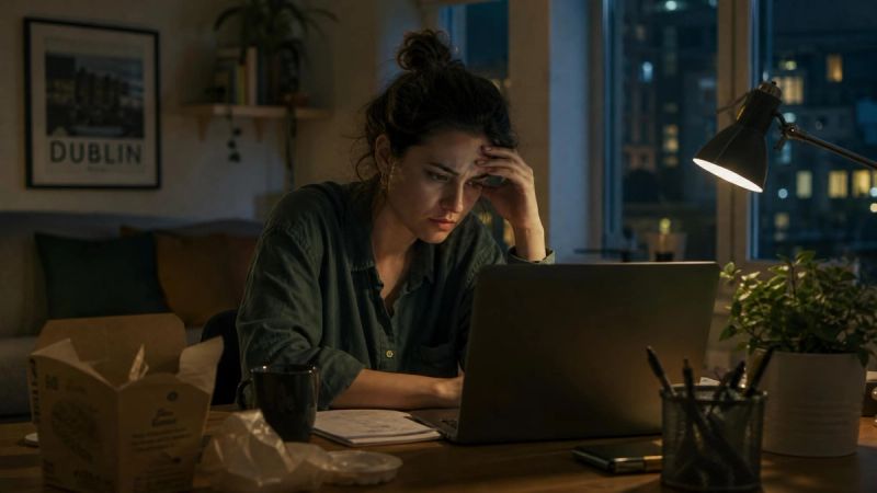 A stressed person working late at a laptop with takeaway packaging nearby