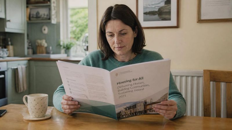 A person reading a printed report at a table with a cup of tea