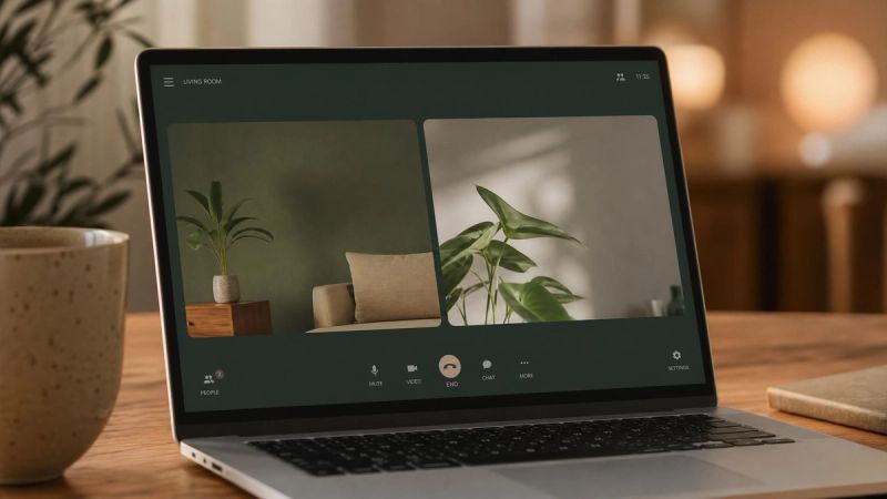 Close-up of a laptop screen showing a calm video call interface during an online therapy session