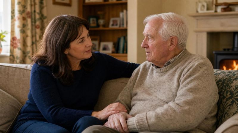 A worried adult son or daughter speaking gently with an older parent on a sofa