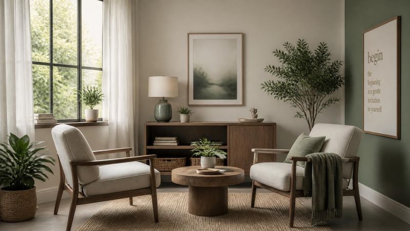 A comfortable therapy room with two chairs facing each other, representing the first therapy session