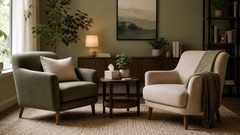 Two chairs facing each other in a softly lit therapy room, representing the therapeutic relationship