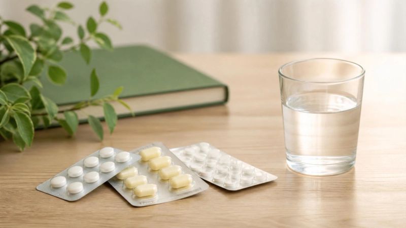 A small arrangement of medication blister packs and a glass of water on a clean surface