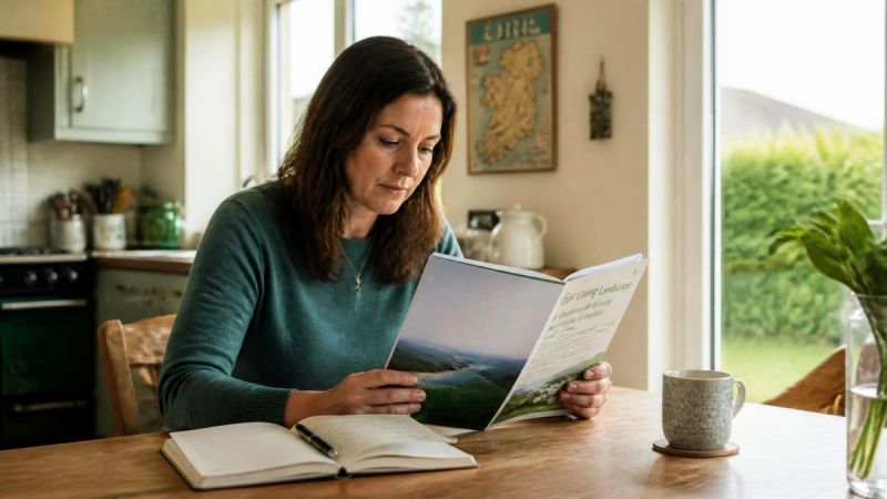 A person reading a printed statistical report at a table with a notebook