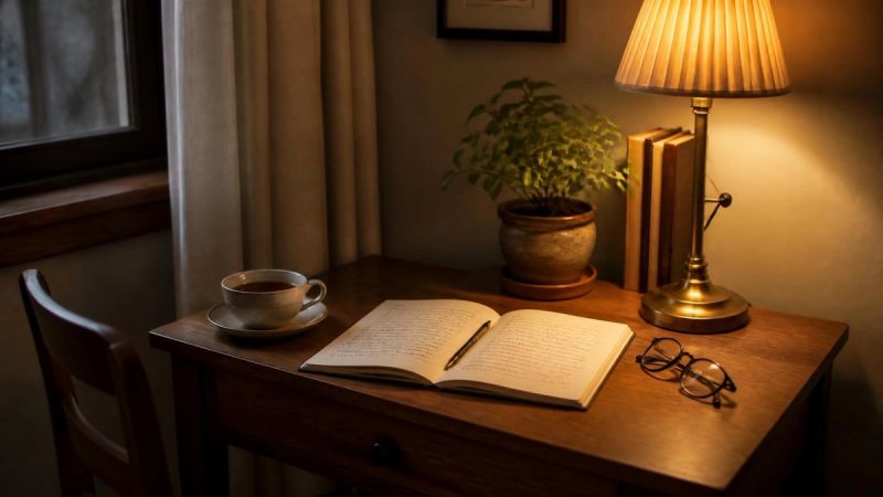 A small desk in a quiet room with a notebook, a lamp and a cup of tea