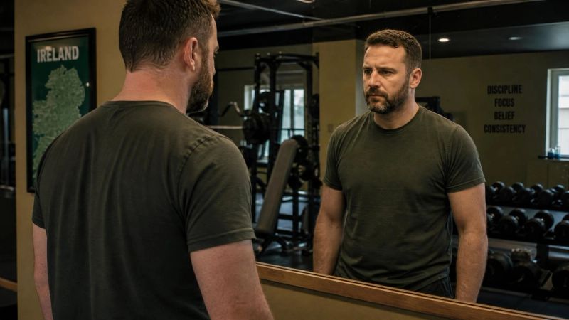 A man looking at his reflection in a gym mirror with a critical expression