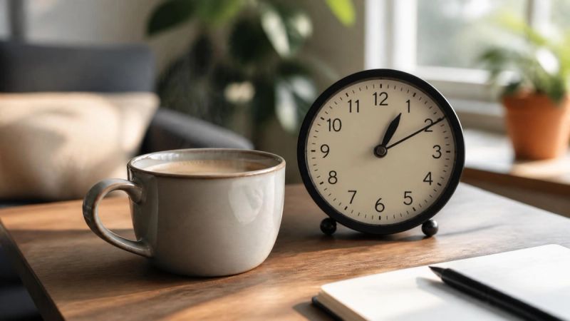 A coffee cup next to a clock in the afternoon, suggesting caffeine timing.