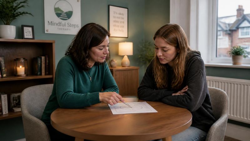 A therapist and client reviewing a worksheet or diagram together