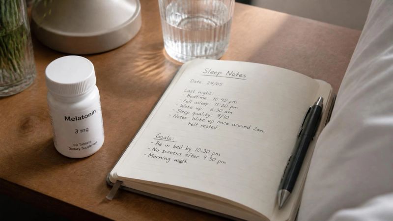 A small pill bottle and a notebook with handwritten sleep notes arranged neatly on a bedside table