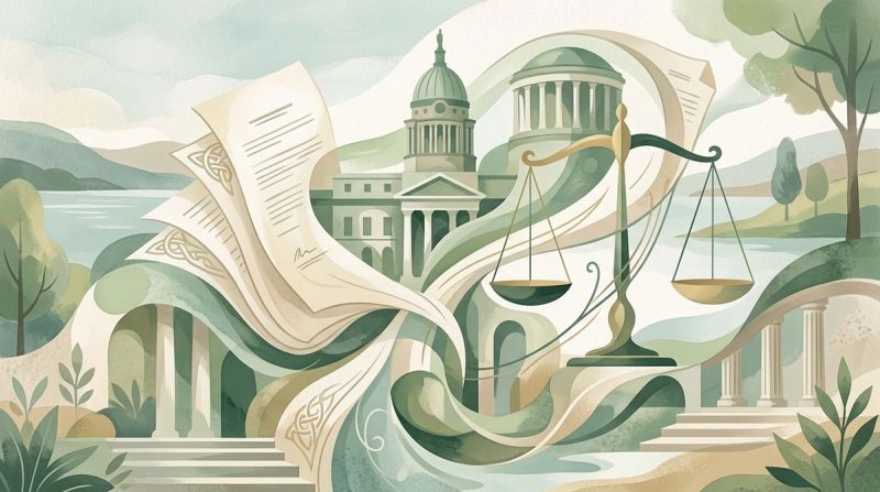 Abstract illustration of legal documents and Irish government building architecture
