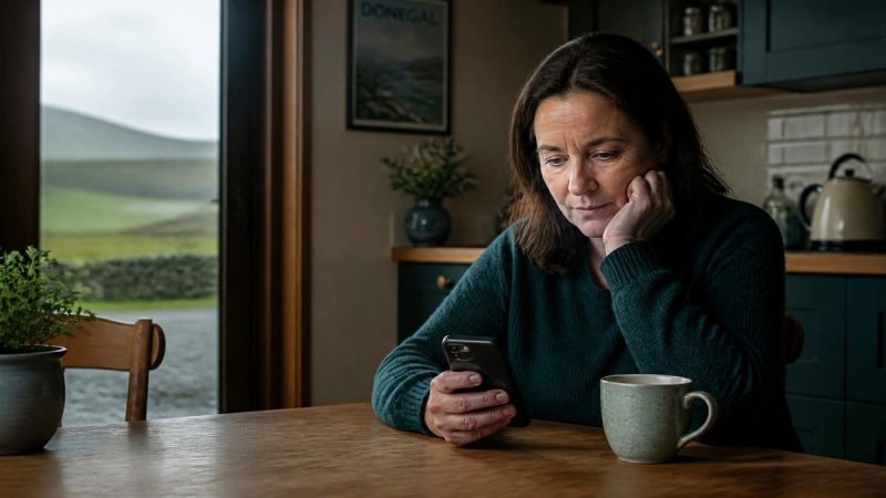 A person sitting alone at a desk, turning down an invitation on their phone due to anxiety
