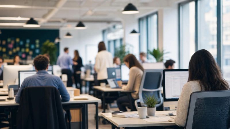 A busy open-plan office environment, illustrating why modern workplaces can be hard for adults with ADHD