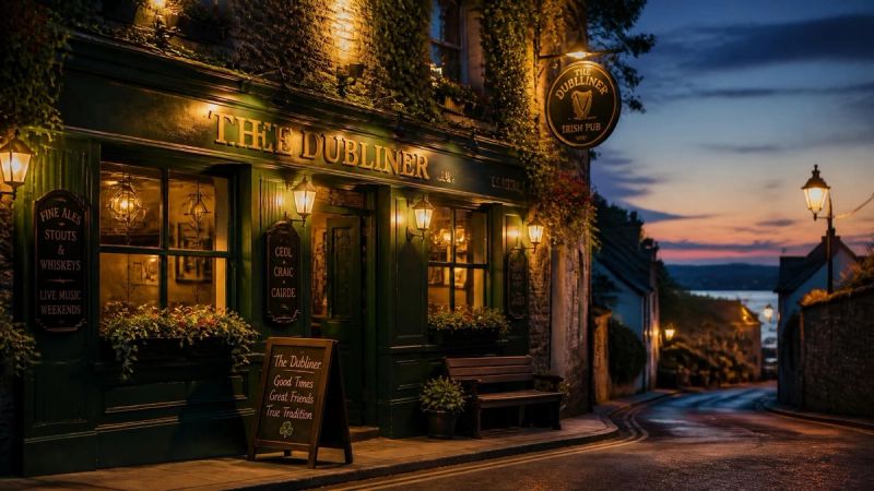 A traditional Irish pub exterior or community gathering space with warm light, representing Irish social culture