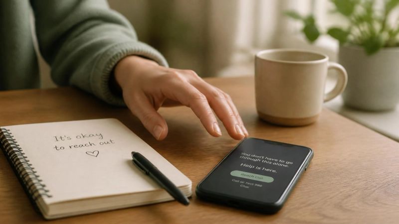A hand reaching toward a phone on a table, representing the decision to seek professional help