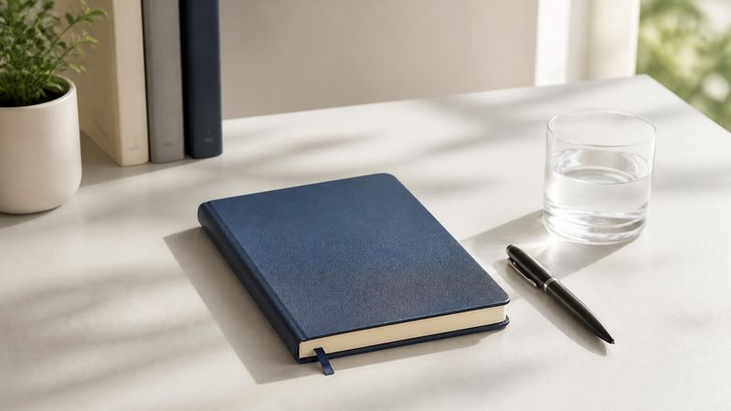 A clean, simple workspace with a notebook and pen, representing clear answers and guidance