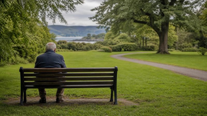 An older person sitting on a park bench in a green Irish park