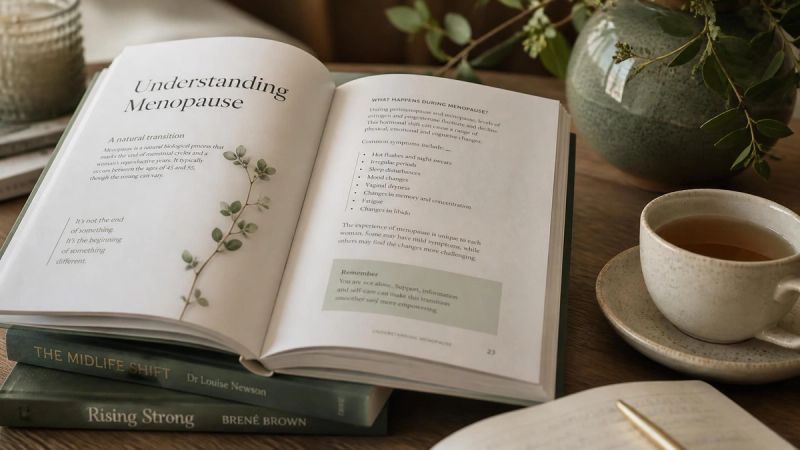 A book open to a page about menopause symptoms, representing education for partners