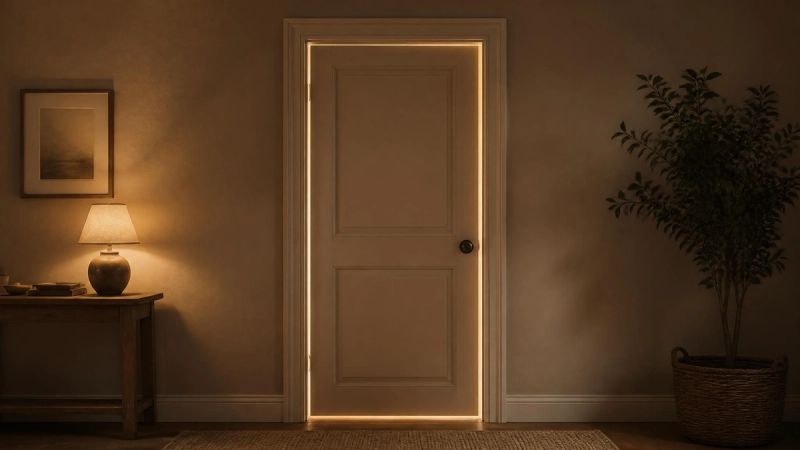 A closed door with soft light on the other side