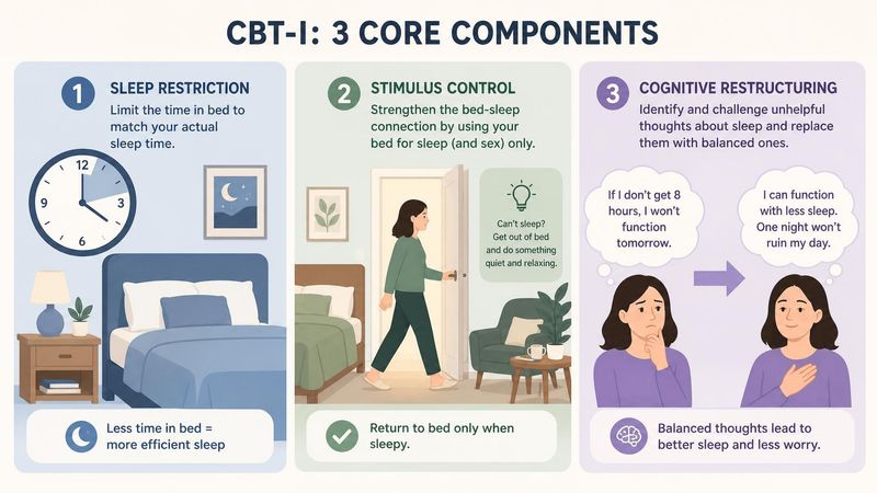 Three illustrated panels showing sleep restriction, stimulus control, and cognitive restructuring.