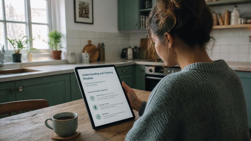 A person reading about phobia treatment on a tablet, with a cup of tea nearby