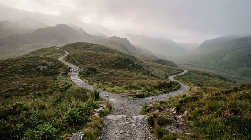 A winding path splitting through misty Irish hills, symbolising different perspectives in a relationship